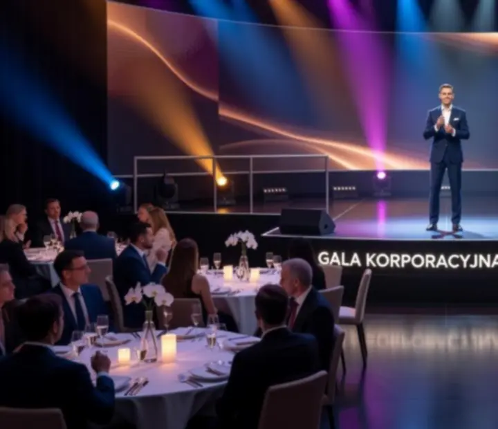 Scena podczas gali firmowej z zespołem muzycznym i oświetleniem koncertowym