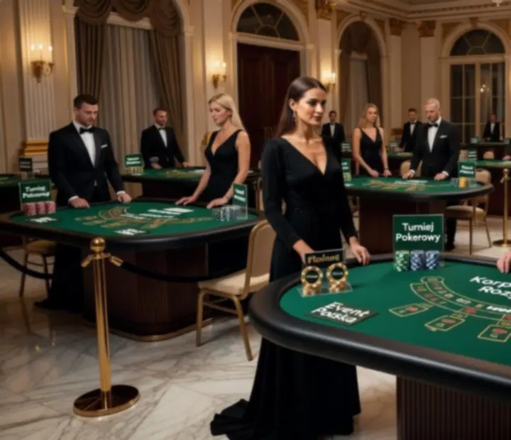 Profesjonalny setup mock casino z kartami, żetonami i krupierem podczas eventu korporacyjnego