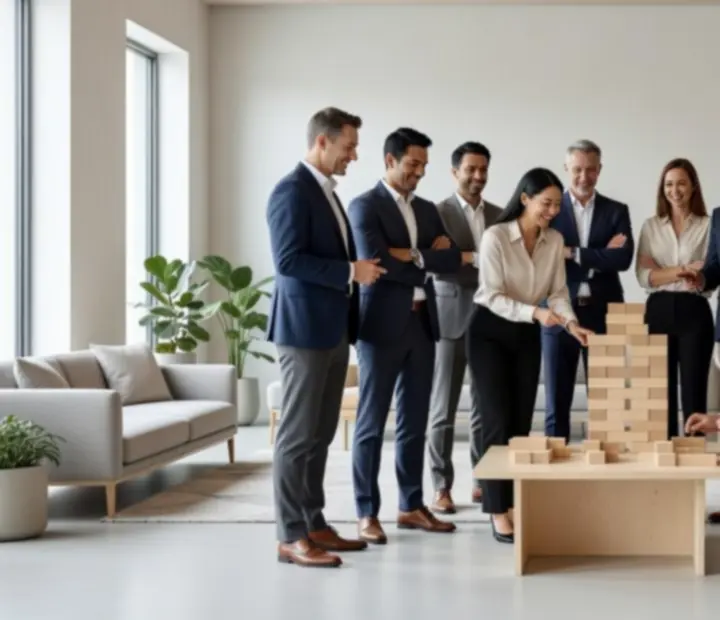 Zespół pracowników biorący udział w interaktywnej aktywności team-buildingowej